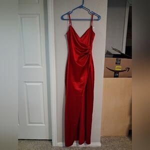 Elegant Red Satin Slip Dress with Draped Detail